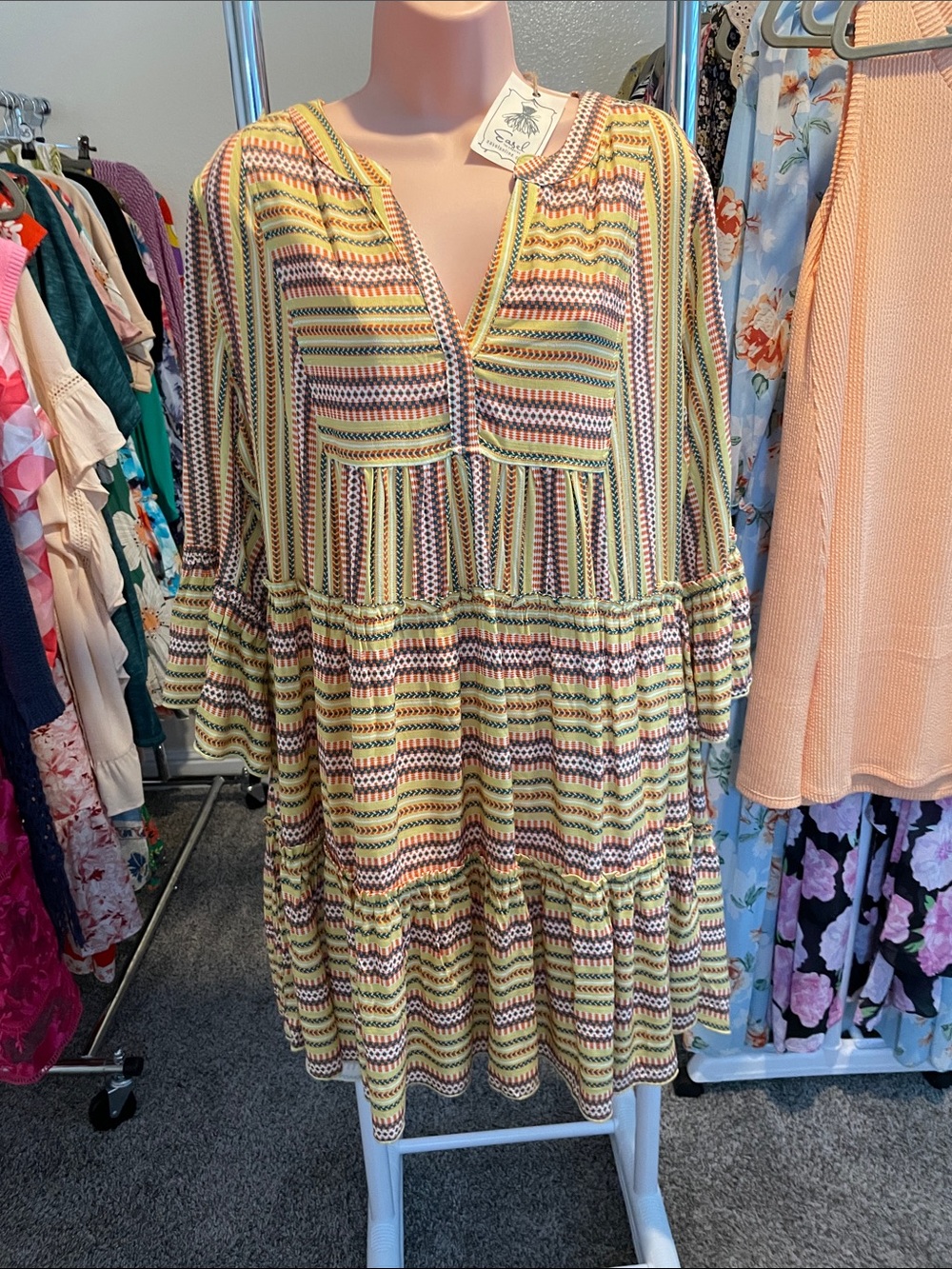 Boho Tiered V-Neck Dress in Yellow Stripes with pockets